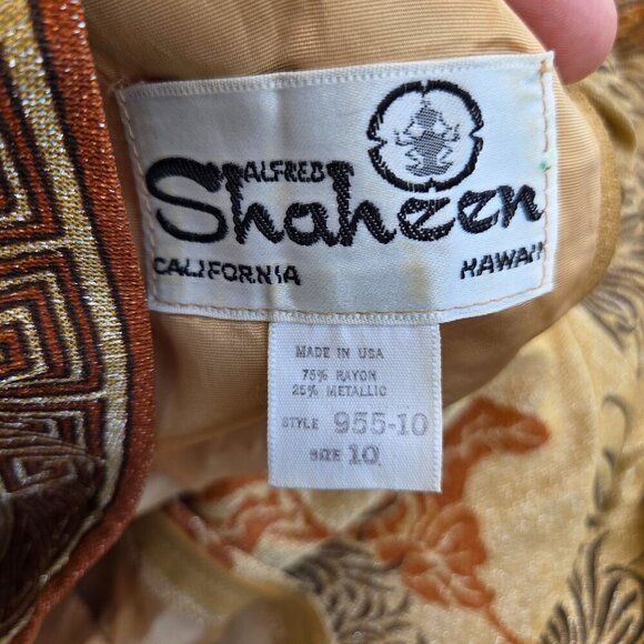 VINTAGE 1960s ALFRED SHAHEEN 2 PIECE JACKET MAXI GOLD HAWAIIAN DRESS Size 10‎ - Picture 10 of 16